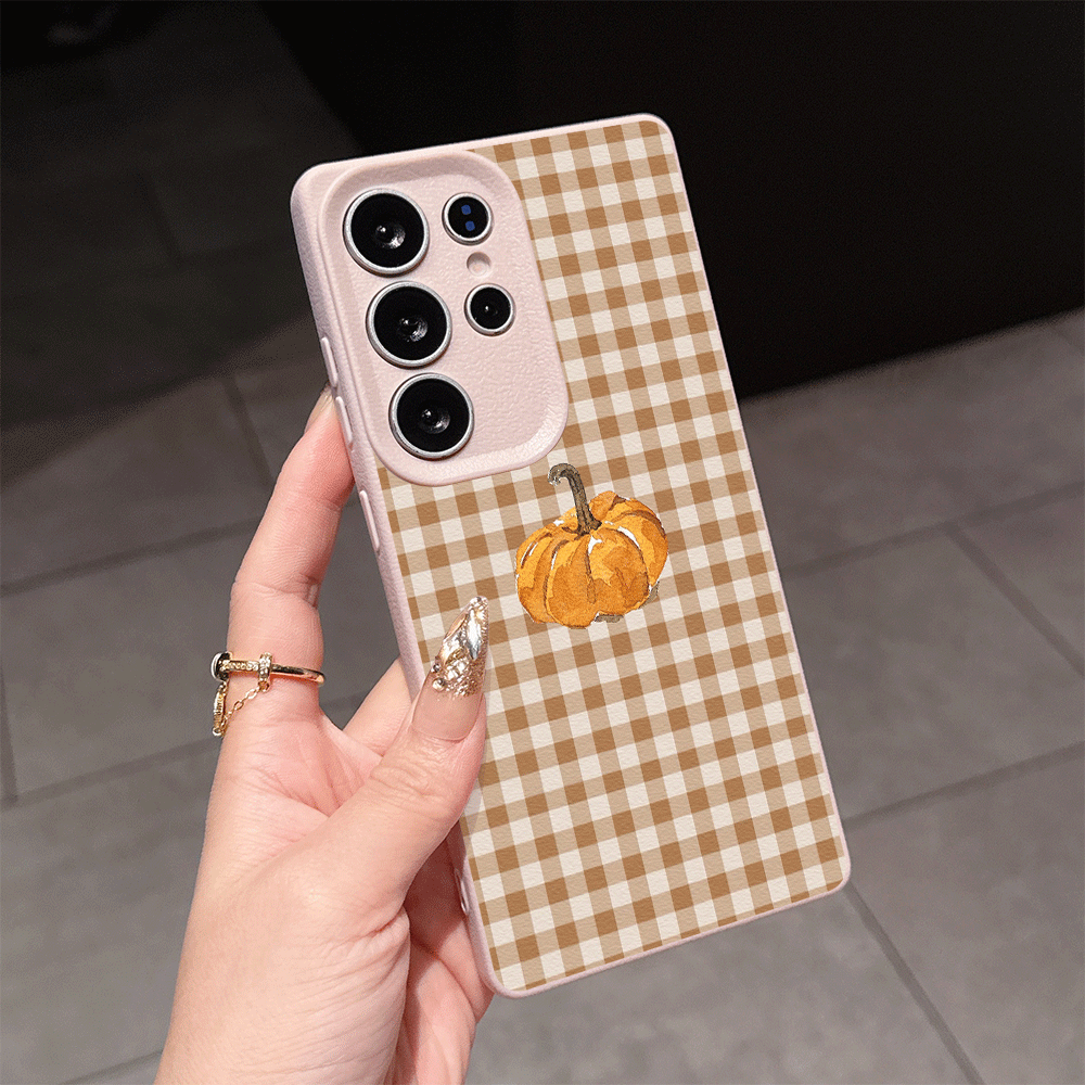 Phone Cases For Samsung A14 - Herbst-Kürbis-Karomuster Lychee-Textur Handyhülle für Samsung Galaxy